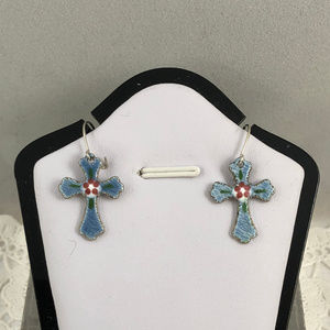 Sold Vintage Blue Enamel Guilloche Cross Drop Earrings
